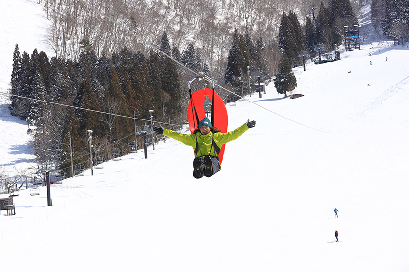 雪景色のなかで 空中散歩ができる「ジップ・スカイライド」